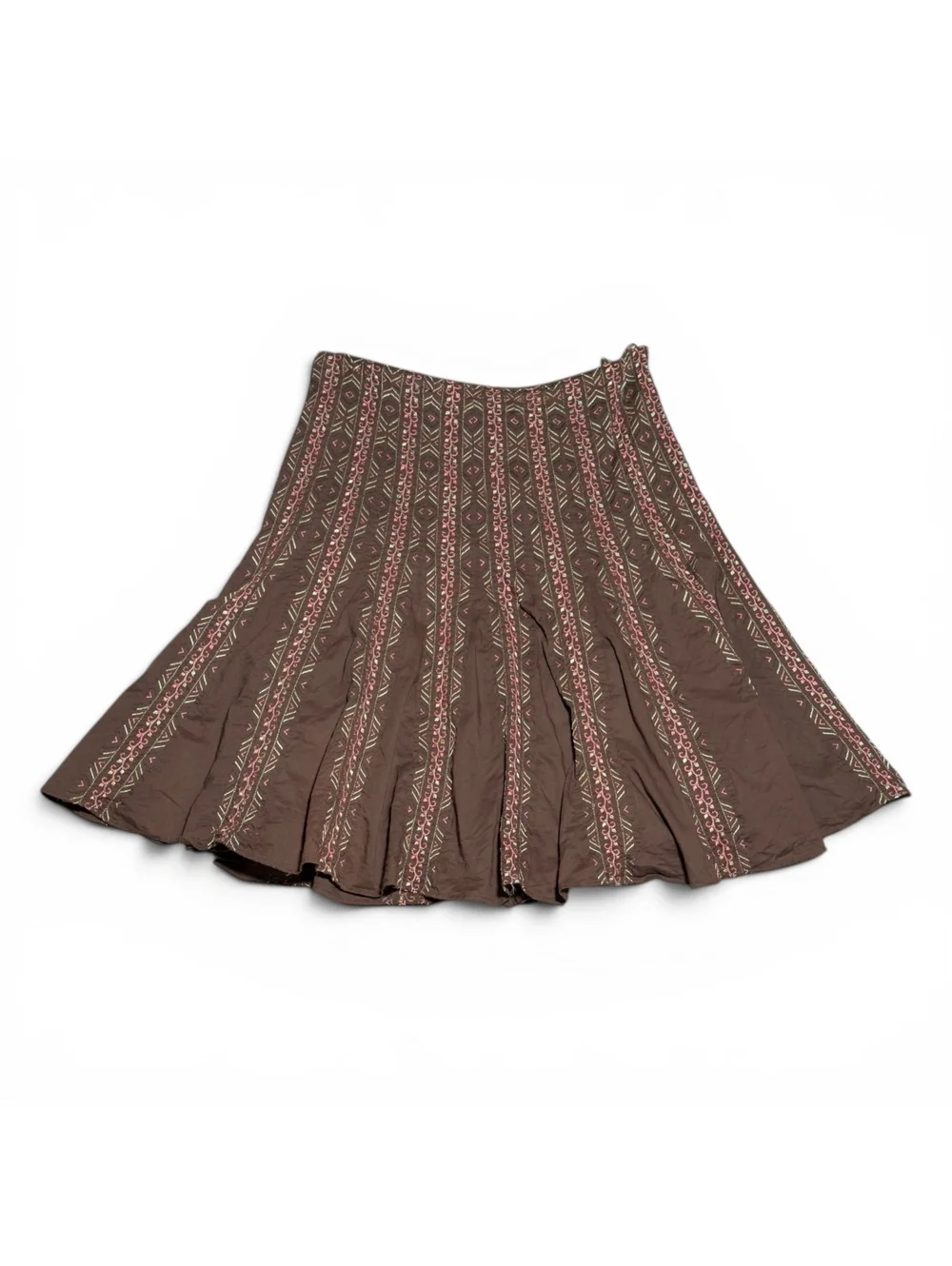 Vintage Silkland Brown Cotton Boho A-Line Skirt with Patterned Stripes Size 12